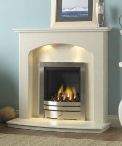 Lincoln marble fireplace in a Rigel marble, shown with a full depth gas fire.