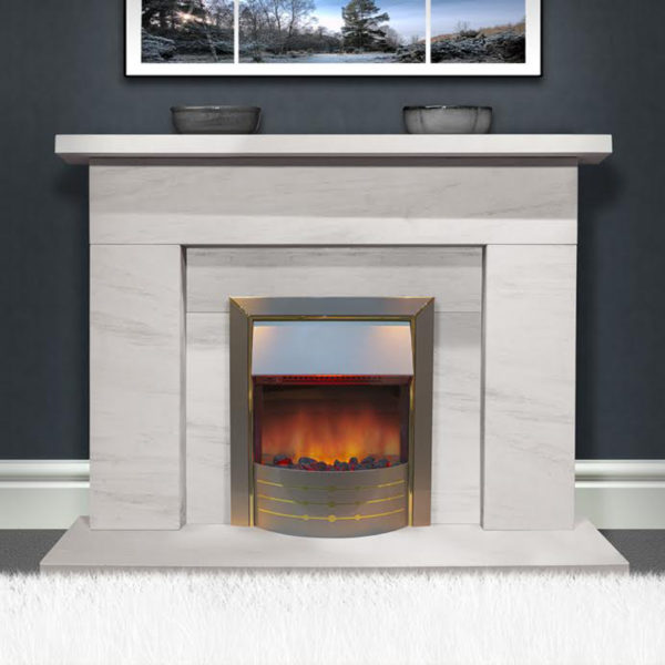 Braga Limestone fireplace shown with an inset electric fire