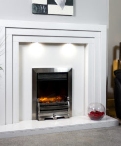 Contemporary marble fireplace shown in a Polare white marble and an inset Celsi XD caress electric fire in chrome