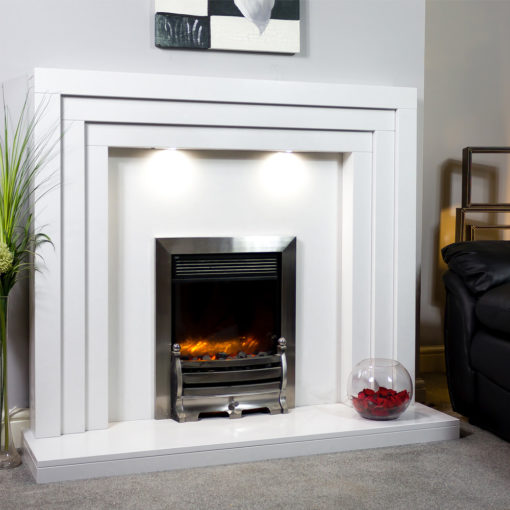 Contemporary marble fireplace shown in a Polare white marble and an inset Celsi XD caress electric fire in chrome