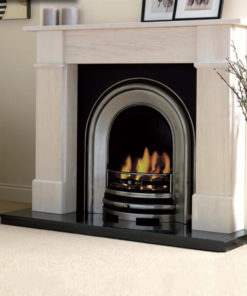 Evora limestone fireplace shown with a cast iron insert and gas fire
