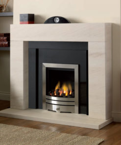 Lagos limestone fireplace with a polished black granite panel and slips shown with an inset gas fire