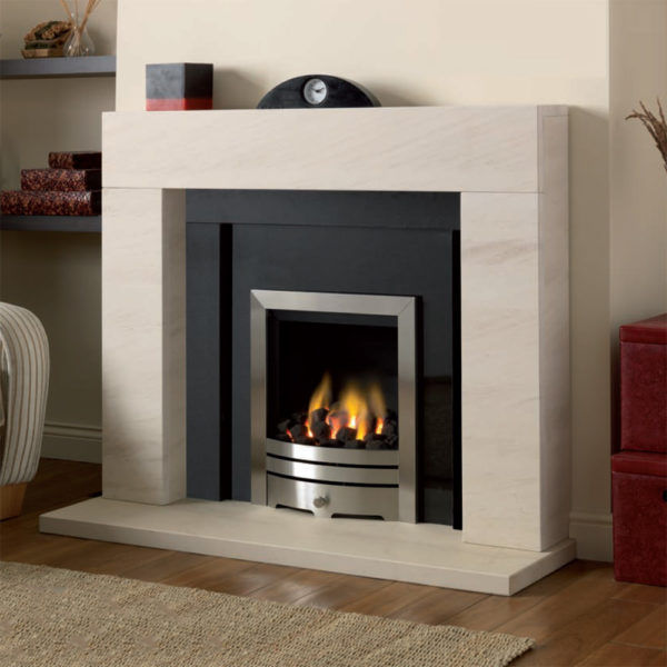 Lagos limestone fireplace with a polished black granite panel and slips shown with an inset gas fire