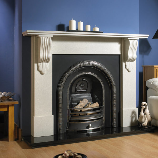 Newbury Grand Corbel marble fireplace shown in Verona Grey marble with a Henley cast iron insert and granite hearth