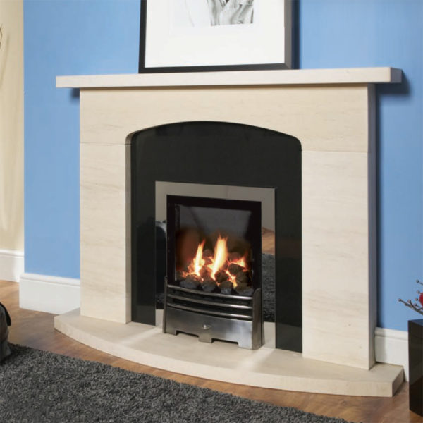 Portimao Limestone fireplace shown wih a granite panel and inset gas fire