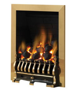 Pureglow Blenheim gas fire in a brass finish and coal fuel bed