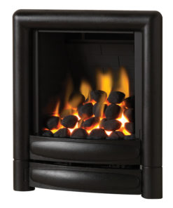 Pureglow Carmen inset gas fire shown in black with a coal fuel bed