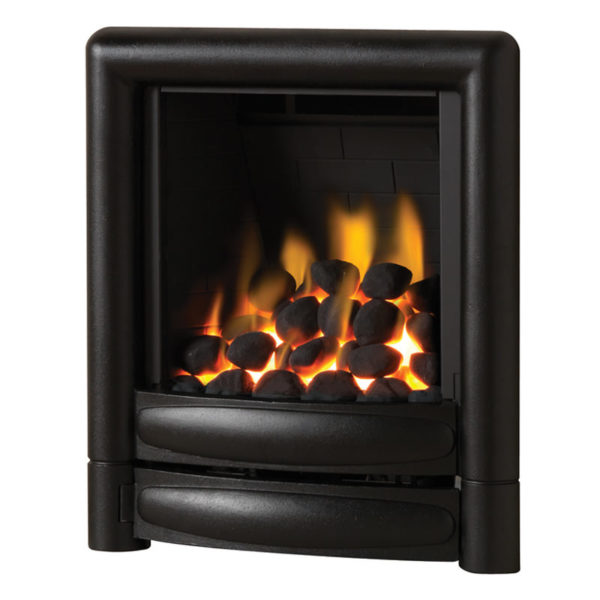 Pureglow Carmen inset gas fire shown in black with a coal fuel bed