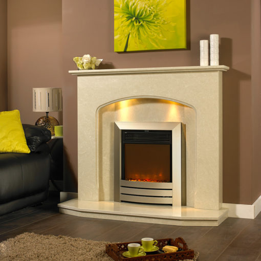 Angelia marble fireplace shown in Nacarado marble with a Celsi XD camber electric fire in Champagne