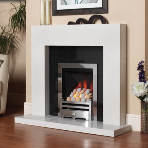 Brancio marble fireplace shown in a Blanco Micro with a polished black granite back panel and slimline Pureglow Bauhaus gas fire