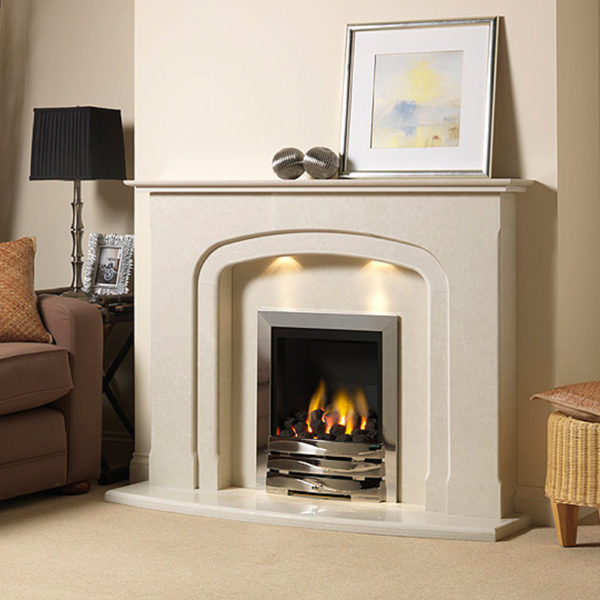 Cambourne marble fireplace shown in a Nacarado marble and an inset full depth gas fire