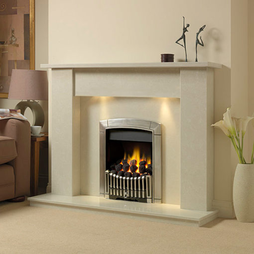 Cambridge marble fireplace in a Nacarado marble with a Flavel Caress Contemporary full depth gas fire