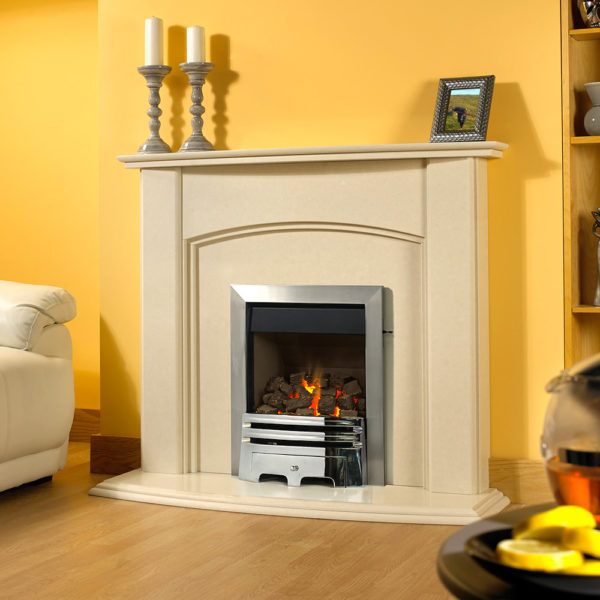 Edinburgh marble fireplace in an Italian Rigel marble. Shown with a Pureglow Grace inset, full depth gas fire in chrome