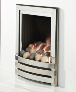 Flavel linear inset gas fire shown in a chrome finish with a pebble fuel bed