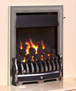 Flavel Richmond Plus inset gas fire with a coal fuel bed shown in a chrome finish