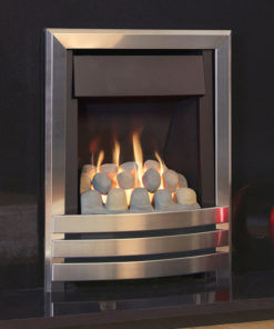 Flavel Windsor Contemporary Plus inset gas fire shown in chrome with a pebble fuel bed