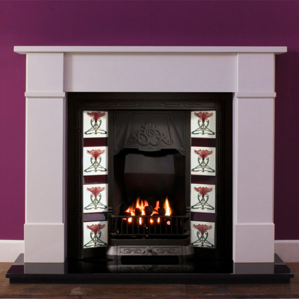 Henley marble fireplace shown in Spanish Blanco Micro marble with a cast iron tiled inset
