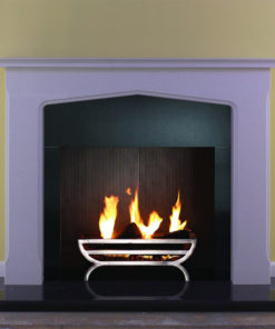 Leamington marble fire surround shown in a Verona Grey marble with a 3 piece granite panel and solid fuel fire