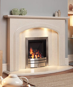 Liberino marble fireplace shown in a Nacarado marble with an inset full depth gas fire