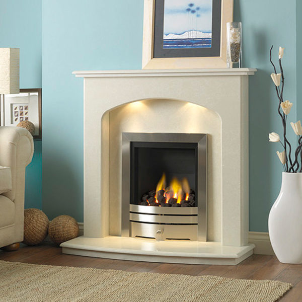 Inset full depth gas fire shown with the Lincoln marble fireplace