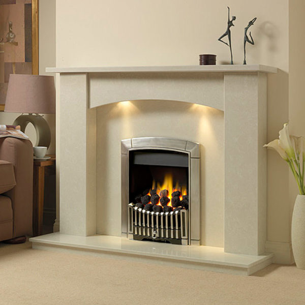 Milton marble fireplace shown in a Nacarado marble with an inset Flavel Contemporary full depth gas fire