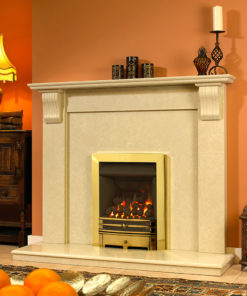 Shepton Corbel Marble fireplace shown in a Spanish Nacarado marble with an inset gas fire in a brass finish