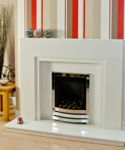 Stepped Modern marble fireplace shown in a Nacarado marble with an inset Flavel Linear full depth gas fire