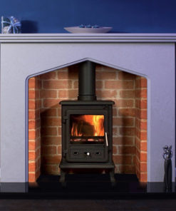 Thetford marble fireplace shown in Italian Verona grey marble with a wood burning stove