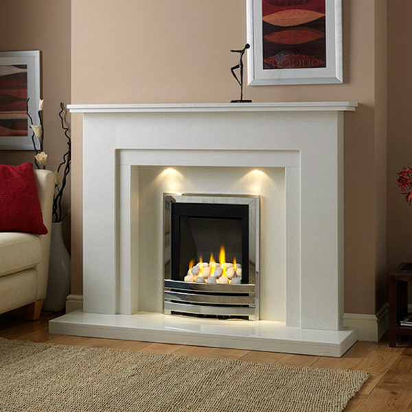 Walton marble fireplace in a Blanco Micro marble shown ith a Flavel Linear full depth gas fire