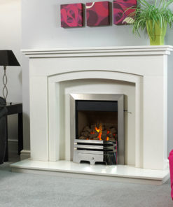 Winchester marble fireplace shown in Blanco Micro marble with a full depth Pureglow Grace inset gas fire