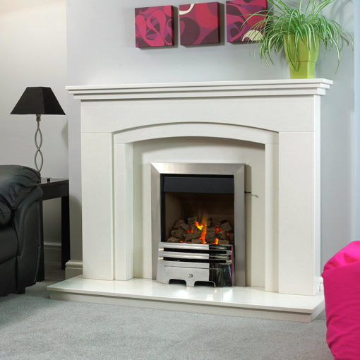 Winchester marble fireplace shown in Blanco Micro marble with a full depth Pureglow Grace inset gas fire