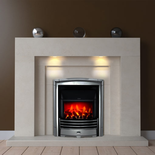 Avis Limestone fireplace with downlights and an inset electric fire