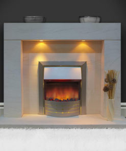 Cuba Limestone fireplace with added downlights displayed with an inset electric fire