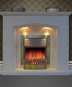 Vigo Limestone fireplace with the addition of down lights shown with an inset electric fire